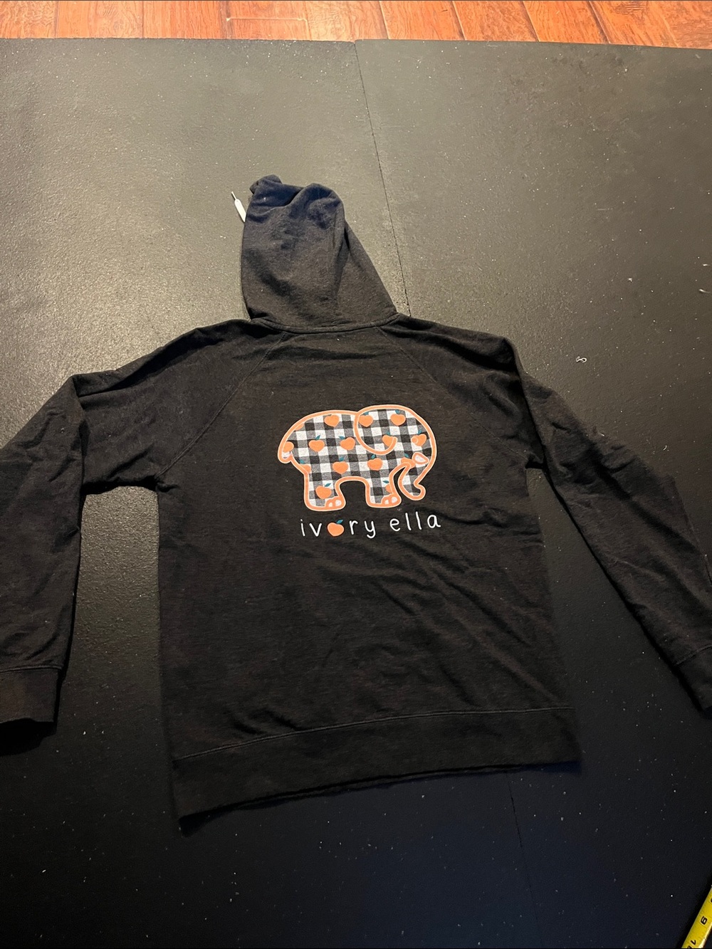 Ivory Ella charcoal grey Hoodie with Orange & Gray Plaid Elephant